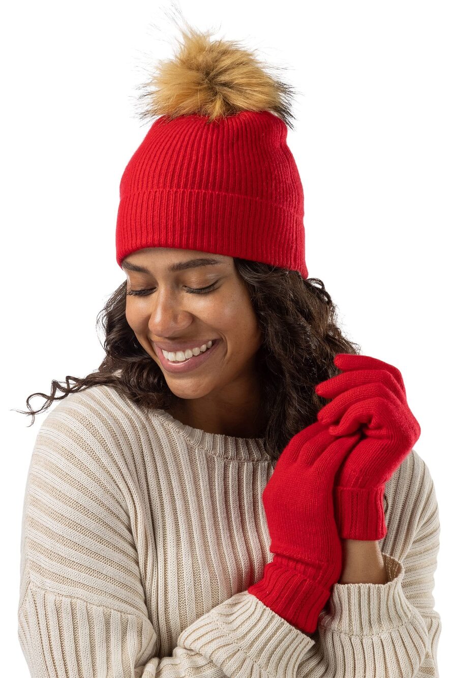 3421 Cashmere Pom Hat and Glove Set; Gift Box Cardinal Red